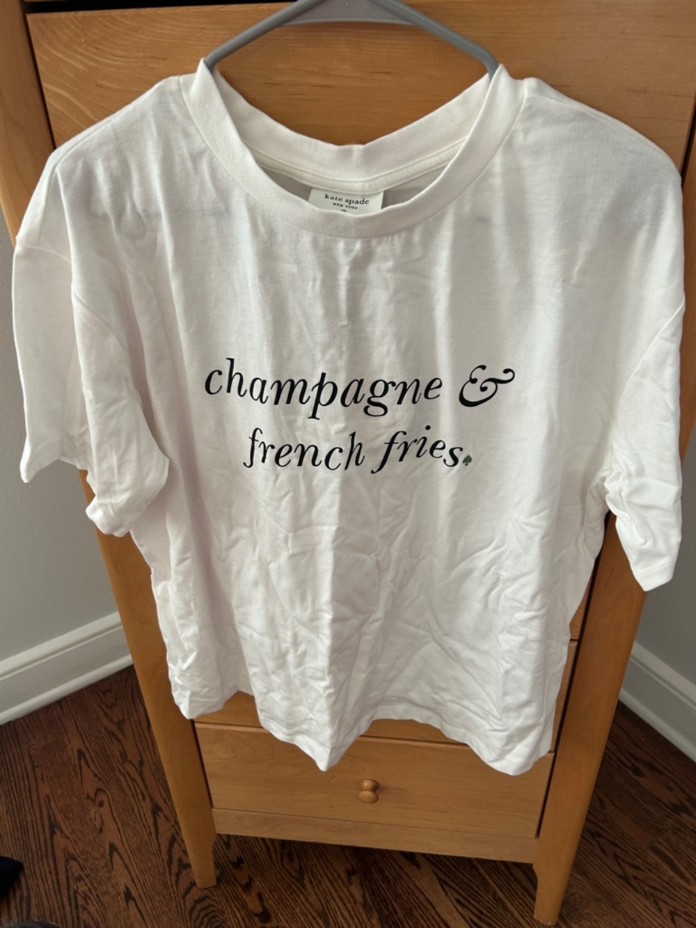 kate spade White Graphic Tee with Black Script, champagne & Fries, L